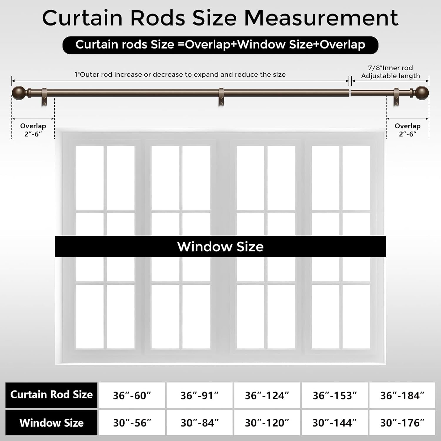 UniMall 2 Pack Bronze Curtain Rod, 1 Inch Adjustable Heavy Duty Curtain Rods for Windows 48 to 84 Inch, Decorative Modern Window Treatment Rods, Splicing Metal Drapery Pole, Easy Installation