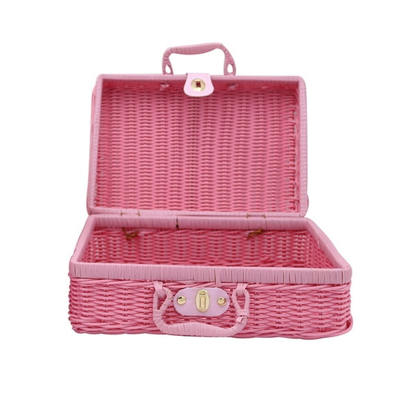 Pnellth Vintage Rattan Woven Storage Case Makeup Holder Suitcase Sundries Organizer Box Light Pink