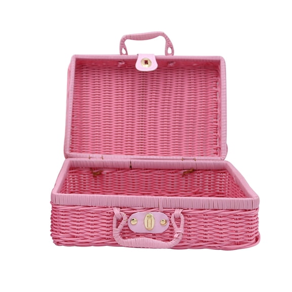 Pnellth Vintage Rattan Woven Storage Case Makeup Holder Suitcase Sundries Organizer Box Light Pink