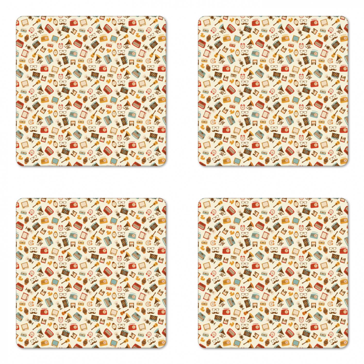 Vintage Coaster Set of 4, Retro Pattern Old Fashioned Alarm Clock