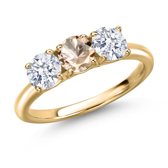Gem Stone King 10K Yellow Gold Peach Morganite and White Zirconia Engagement Ring for Women | 1.90 Cttw | Round 5MM | Gemstone October Birthstone | Size 5
