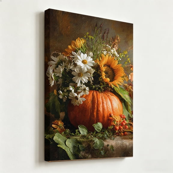 Autumn Pumpkin Sunflower Canvas Wall Art Vintage Daisy Floral Oil Painting Wall Decor for Living Room Kitchen Farmhouse Ready to Hang 8*12