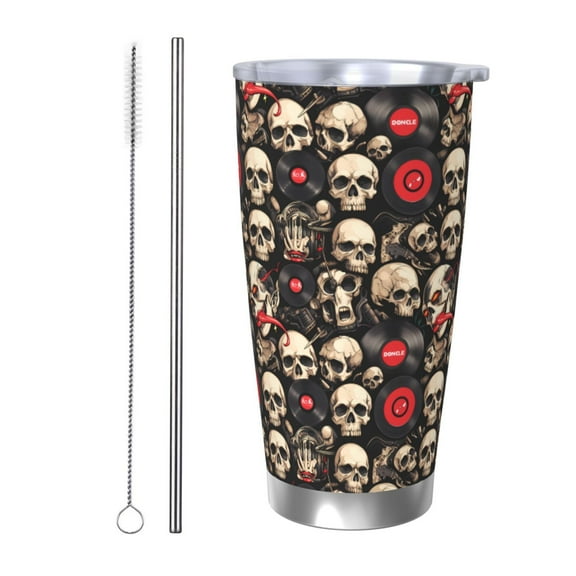 Rateoe rock record Skull Printed Car Guy Gifts for Men Women Tumbler - 20oz/590ml Double Wall Vacuum Insulated Stainless Steel Travel Tumbler Cups with Lid & Straw-Straw Two-piece Set