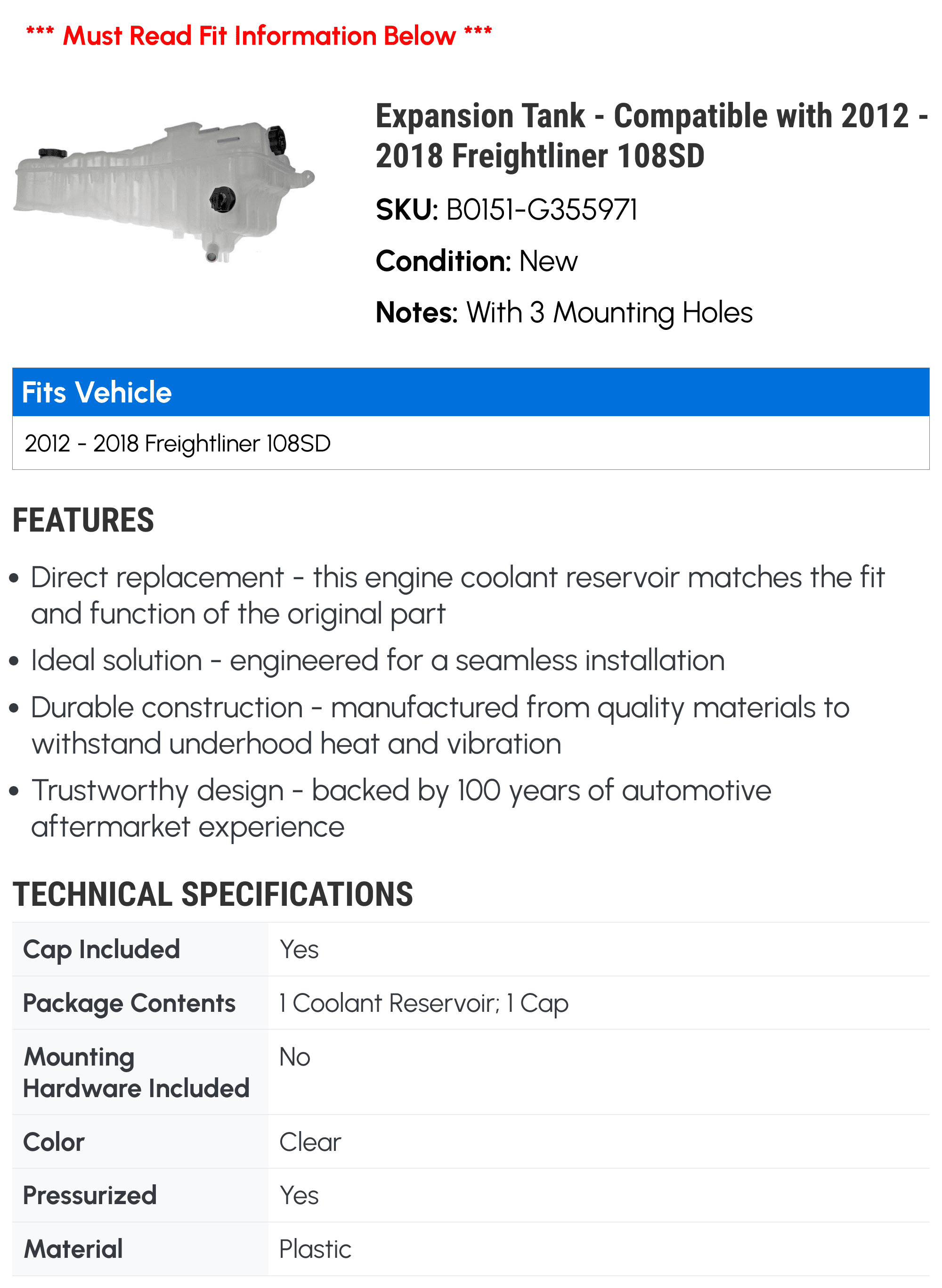 Expansion Tank - Compatible with 2012 - 2018 Freightliner 108SD 2013 2014 2015 2016 2017