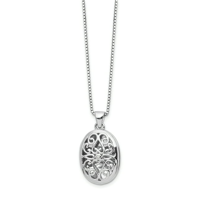 925 Sterling Silver 18 Inch Diamond Filigree Oval Locket Necklace 2 Extender Pendant Charm