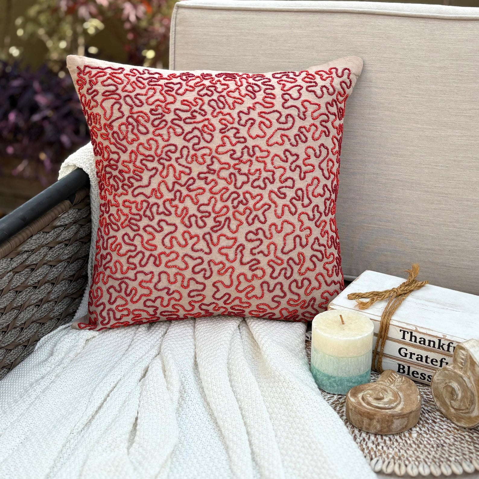 The HomeCentric Pillow Cover Mocha Pillow Covers Pack of 2 16x16 inch (40x40 cm) Linen Decorative Pillow Case&nbsp;Cover Sea Creatures Sea Weeds Coral Beaded Beach Style Throw Pillows - Blooming Maze