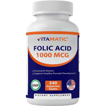 Vitamatic Folic Acid 1000 mcg (1 mg) - 240 Vegetarian Tablets - 1667 mcg DFE - Vitamin B9