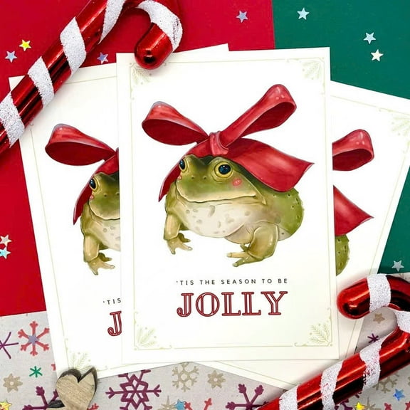 Jolly Frog Holiday Card – Unique Greeting Card with Cute Frog in a Bow – Blank Inside for Personal Messages – Perfect for Christmas, Seasonal Greetings, or Any Festive Occasion