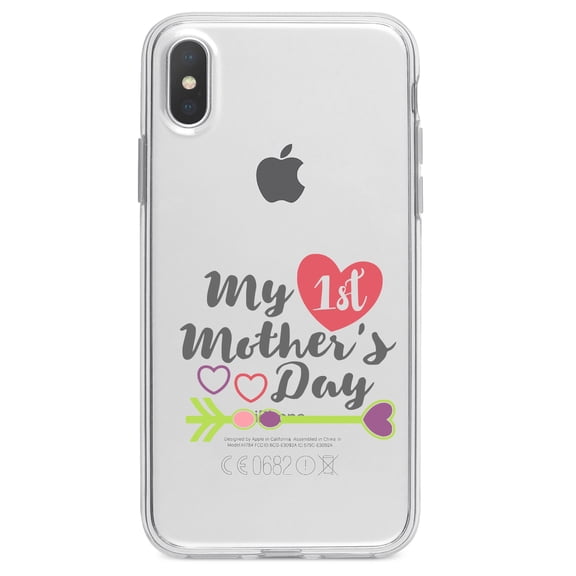DistinctInk Clear Shockproof Hybrid Case for iPhone X / XS (5.8" Screen) - TPU Bumper Acrylic Back Tempered Glass Screen Protector - My First Mother's Day Hearts