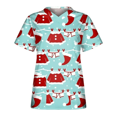 

Chriatmas Scrubs Shirts for Women Casual V Neck Short Sleeve Nursing Uniform Chriatmas Snow Print Comfy Scrub Tops
