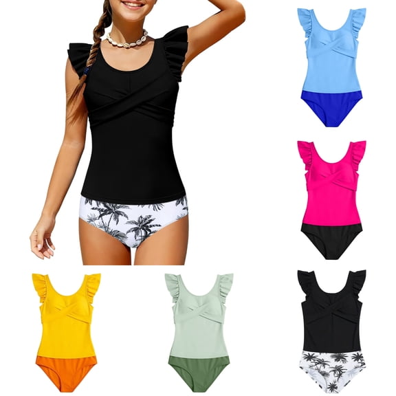Girls Swimsuit 2 Piece Bathing Suit Criss Cross Ruched Tankini Sets High Waisted Girls' Swimwear for 7-16 Years(Black,10Y)