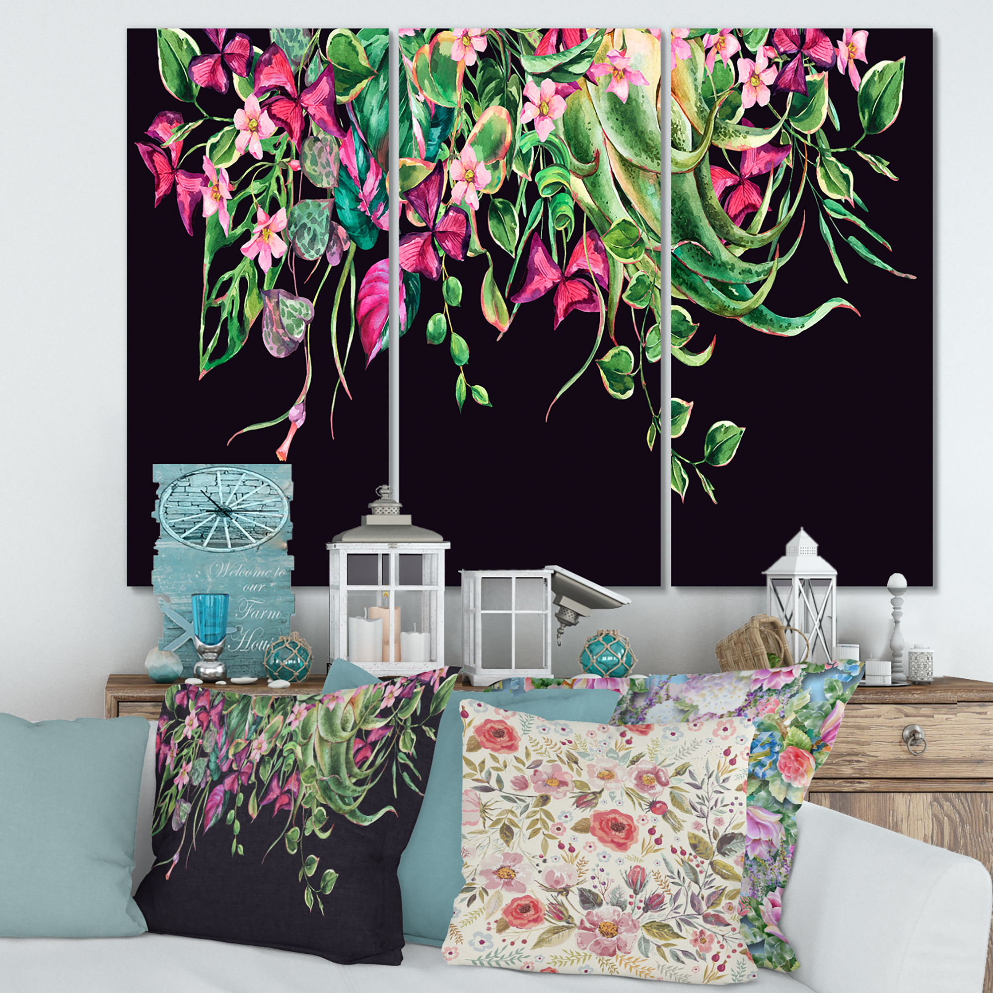 Floral Tropical Leaves On Black Background 28 in x 36 in Painting Canvas Art Print, by Designart