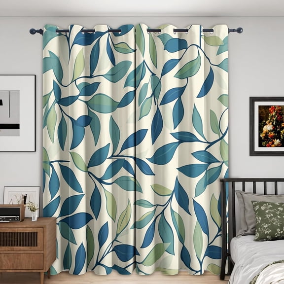 Leaf Curtains Green Leaf Curtain for Bedroom Living Room, Blue Leaves Window Curtains, Botanical Home Decor Drapes 2 Panel Sets, Grommet Black Out Curtain-52"W x 45"L (Pack of 2)