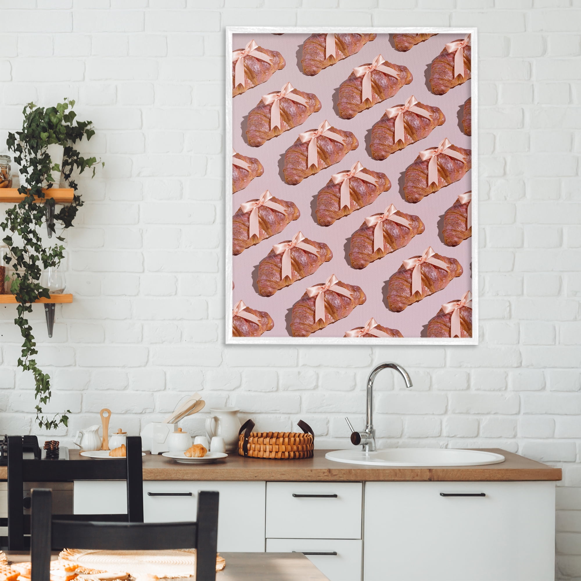 Stupell Industries Croissants with Ribbons Pattern White Framed Giclee Art, design by LISH Creative