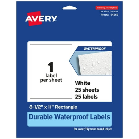 Avery Durable Waterproof Rectangle Labels, 8.5" x 11", 25 Oil and Tear-Resistant Waterproof Labels, Laser/Pigment-Based Inkjet Printable Labels