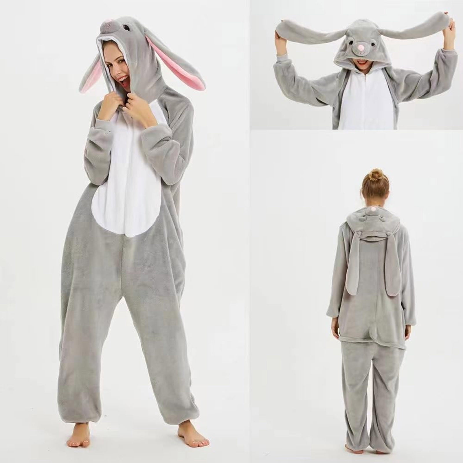 Fjofpr Womens Plush Hooded Jumpsuit Sherpa Fuzzy Pajamas 2025 Plus Size Long Sleeve Cute rabbit One Piece Onesie Winter Warm Rompers Sleepwear Winter Warm Rompe Sleepwear Gray L