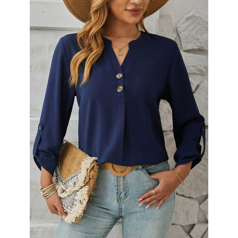 Sexy Dance Womens Blouses Long Sleeve V Neck Work Shirts Dressy Tops Chiffon Office Wear Sapphire Blue XL