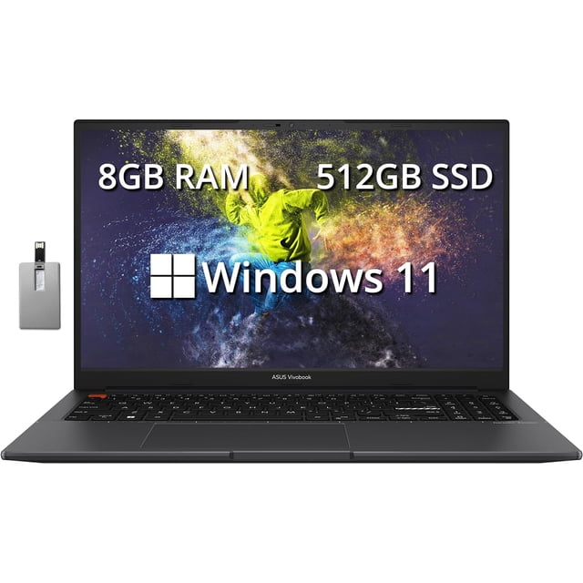 ASUS VivoBook S 15 Portable Mince 15,6 Pouces FHD, Portable, AMD Ryzen 7 5800H, 8 Go RAM, 512 Go SSD, Graphiques AMD Radeon, Lecteur d'Empreintes Digitales, Clavier Rétroéclairé, Caméra Web, Windows 11 Famille, Indie Black, Carte USB Hotface 32 Go