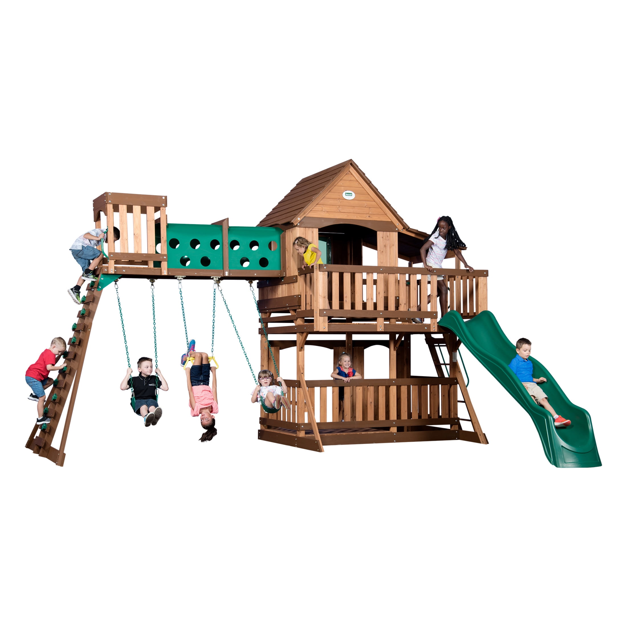 Backyard Discovery Woodridge Elite Cedar Wood Swing Set, Slide, Clubhouse, Crawl Tunnel