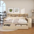 thumbnail image 2 of Wooden Full Size Daybed with Storage Shelves, Multi-functional Bed with Two Storage Drawers and Study Desk, Natural, 2 of 11