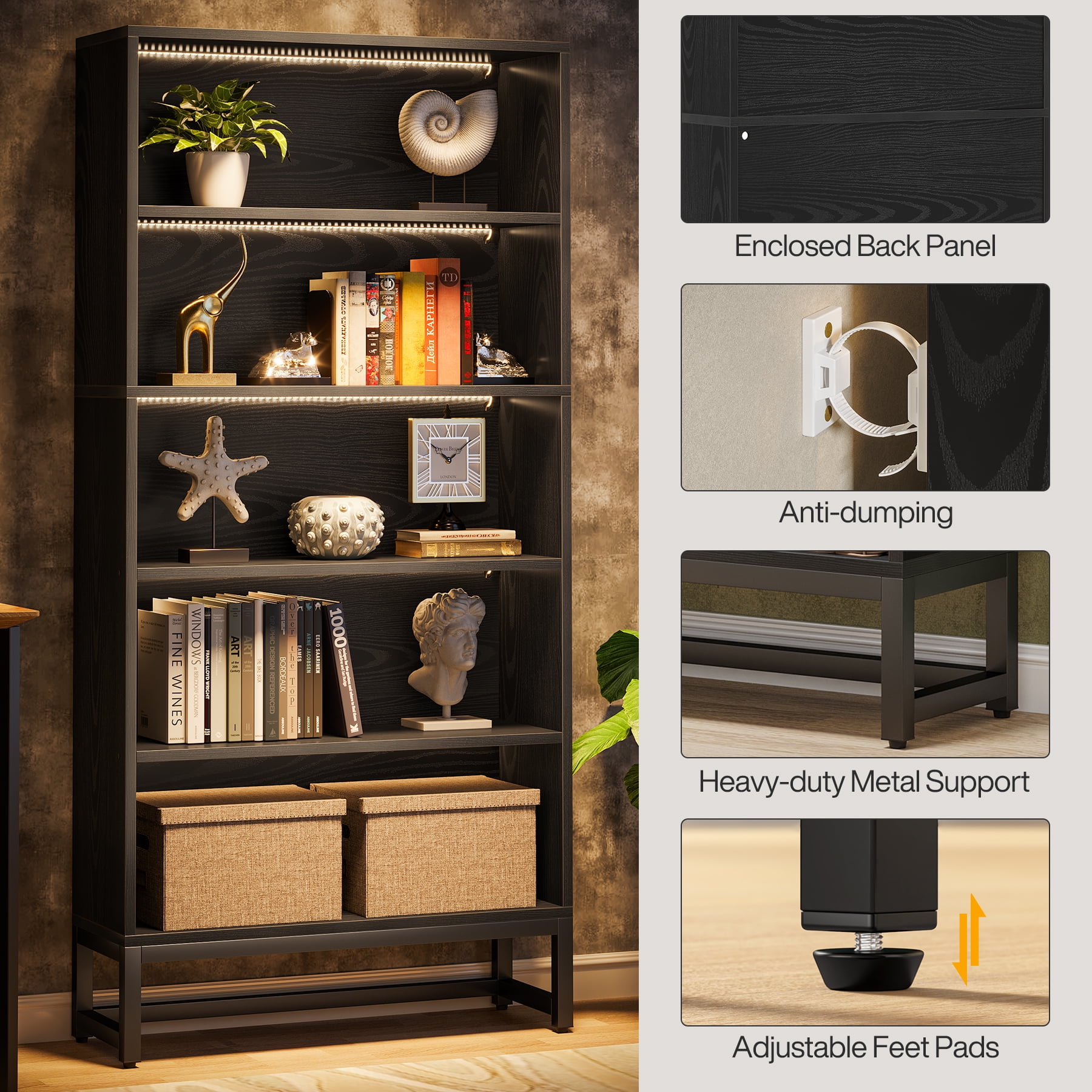 Tribesigns 70.8" Bookcase Bookshelf, Tall Large 5-Tier Bookcases with LED Lights, Black