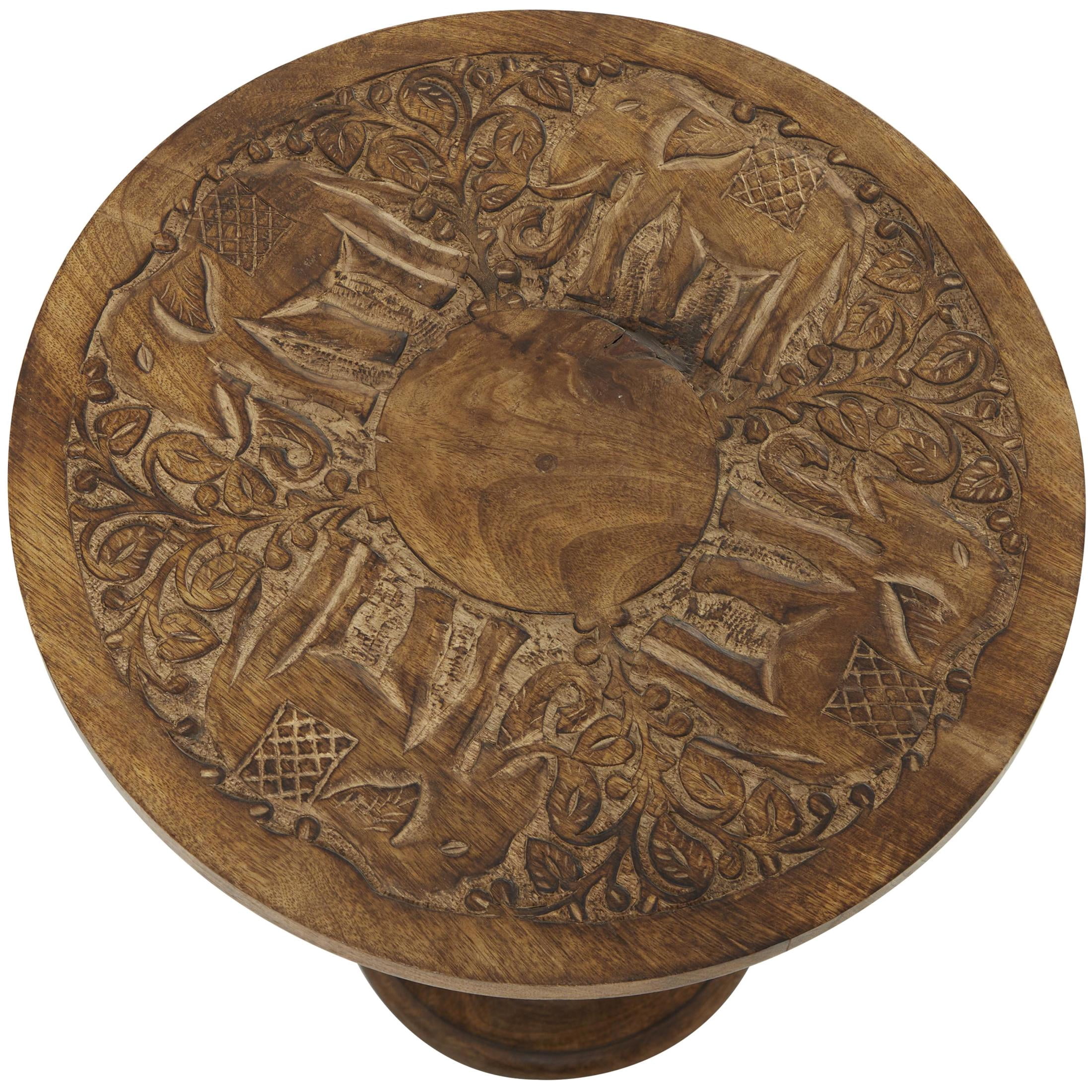 DecMode 17" x 21" Dark Brown Mango Wood Handmade Intricately Carved Elephant Accent Table with Turned Base, 1-Piece
