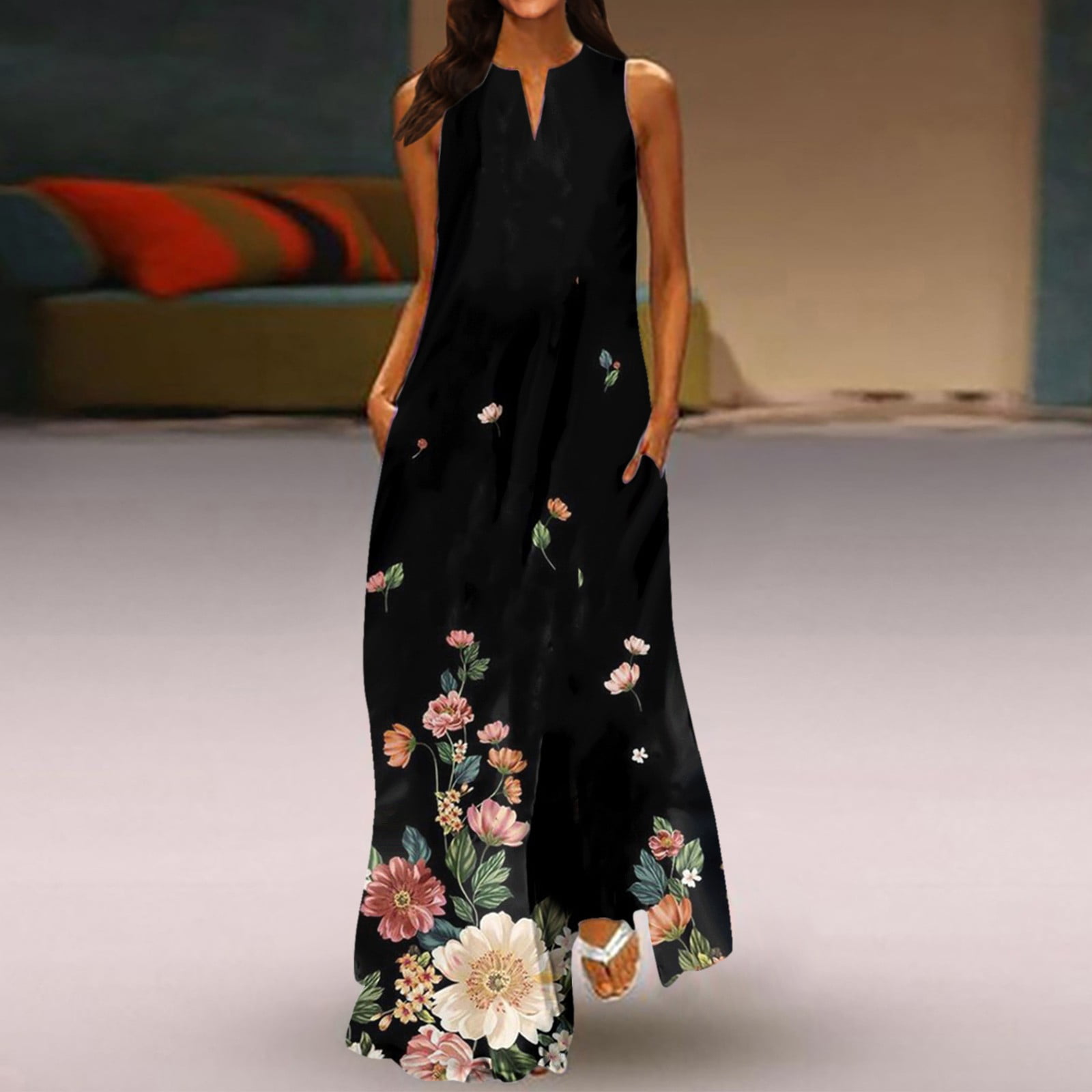 BEEYASO Womens Dresses Notch Neck Casual Printed Long Maxi Summer