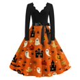 thumbnail image 2 of Women's Halloween Dress Pumpkin Printed V-Neck Cute Tea Length Dress Candy 1950s Long Sleeve Horror Dresses with Belt L, 2 of 7