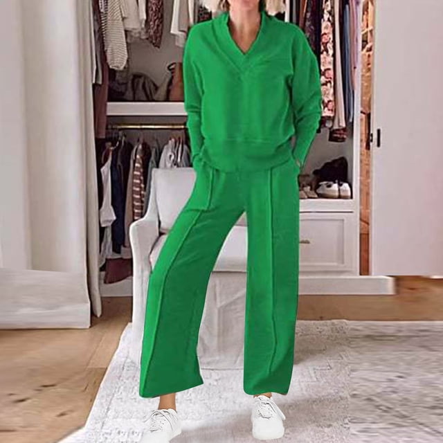 Timdgard Fall Outfits for Women Plus Size V Neck Long Sleeve Pullover Sweatpants Sweatsuit Workout Sets
