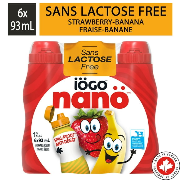 iÖGO Yogourt à Boire Sans Lactose Fraise-Banane 1 % 6x93ML