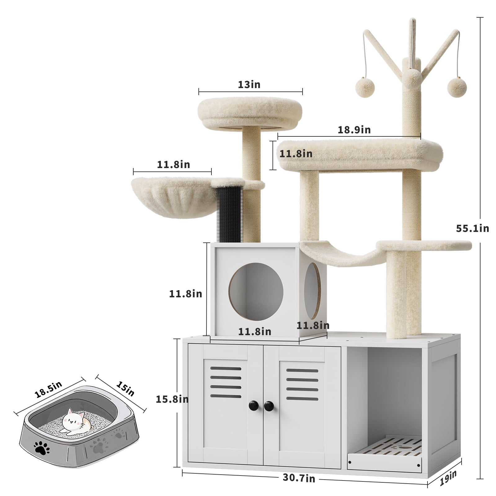 TEQIN Cat Tree with Litter Box Enclosure Furniture,Modern Cat Tower, 53.7’’ H Cat Condo with Sisal Scratching Post and Hammock, Indoor Pet Furniture with Large Platform