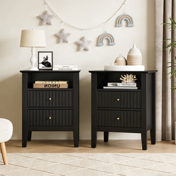 Heynemo Black Fluted Nightstand with 2 Drawers Set of 2, Modern Wooden Sofa Table for Small Spaces, Tall End Table for Bedroom, Living Room