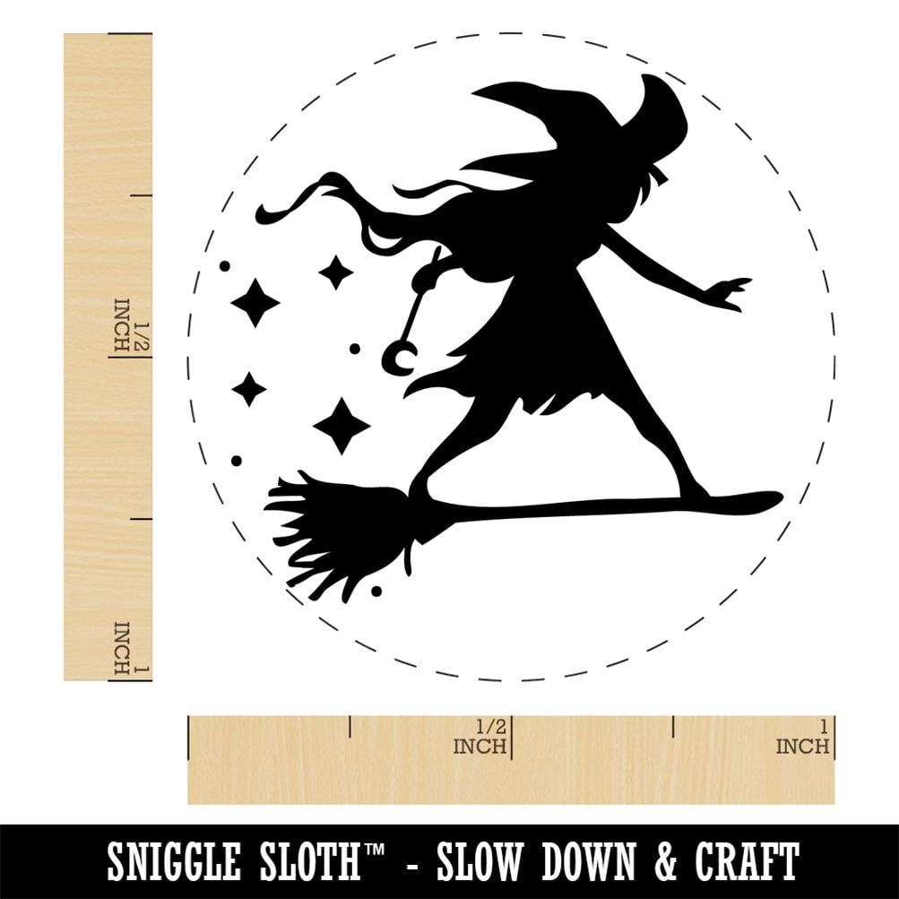 Young Witch Surfing on Broomstick Halloween Self-Inking Rubber Stamp Ink Stamper - Orange Ink - Medium 1 Inch
