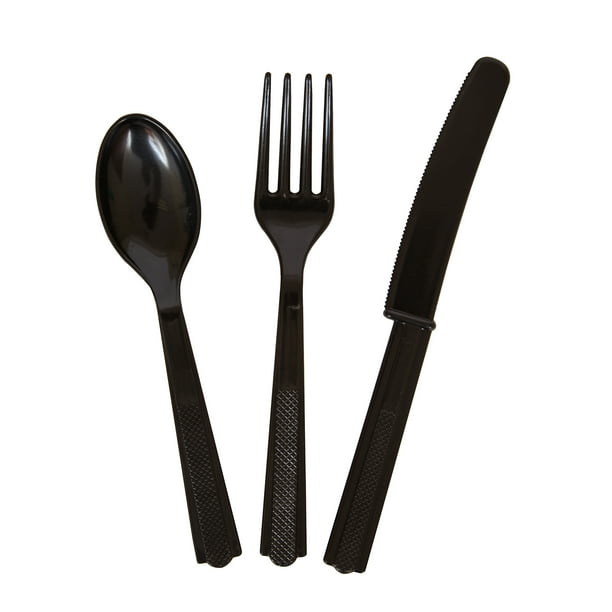 Assorted Plastic Silverware for 8, Black, 24 piece