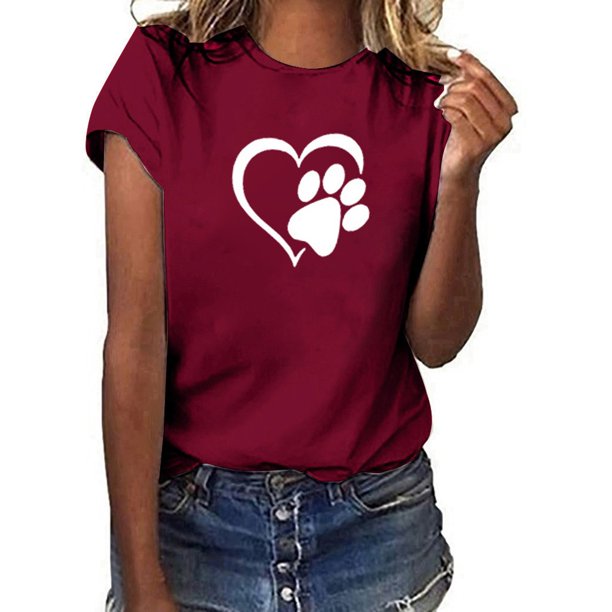 Gibobby Camisetas Mujer Manga Corta Camisetas mujer Cuello redondo Ultra Manga corta Pata Amor Corazón Estampado Cómodo Casual Tops Blusa para(Rojo,M)