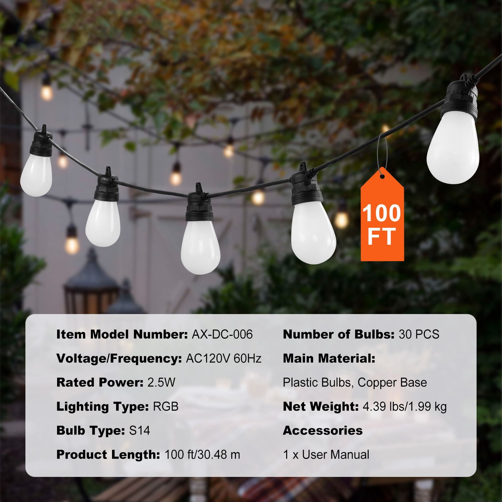 RGB Outdoor String Lights, 100FT Outside Patio Lights with APP Control 30 Bulbs, 15 Single-Color Adjustable Brightness Time Setting, Waterproof Hanging Lights for Halloween Decoration Christmas