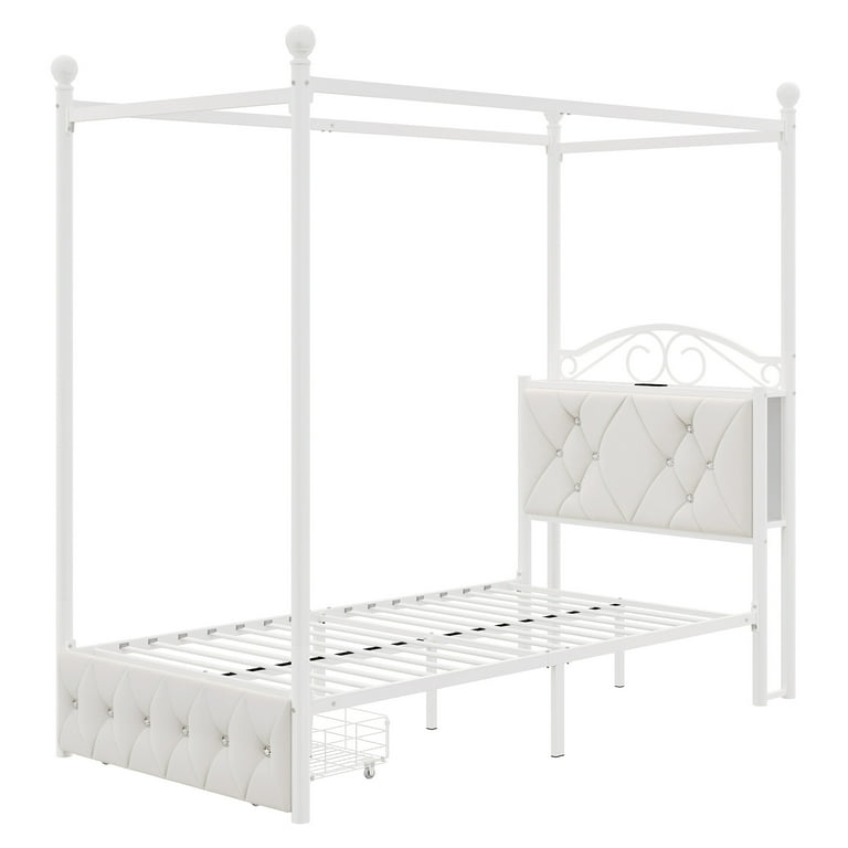 Homfa Twin Size Canopy Bed Frame, 1 Big Drawer Storage