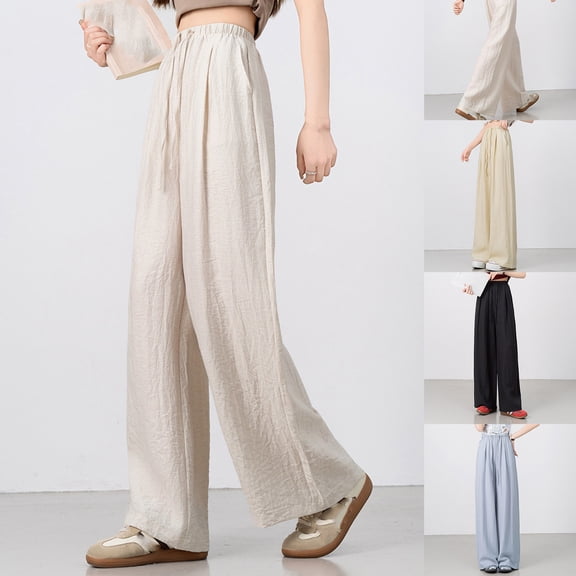 Feancey Cotton Linen Sweatpants Women Athletic Baggy Joggers Elastic High Waist Cropped Pants Casual Work Lounge Bottoms with Pockets White M