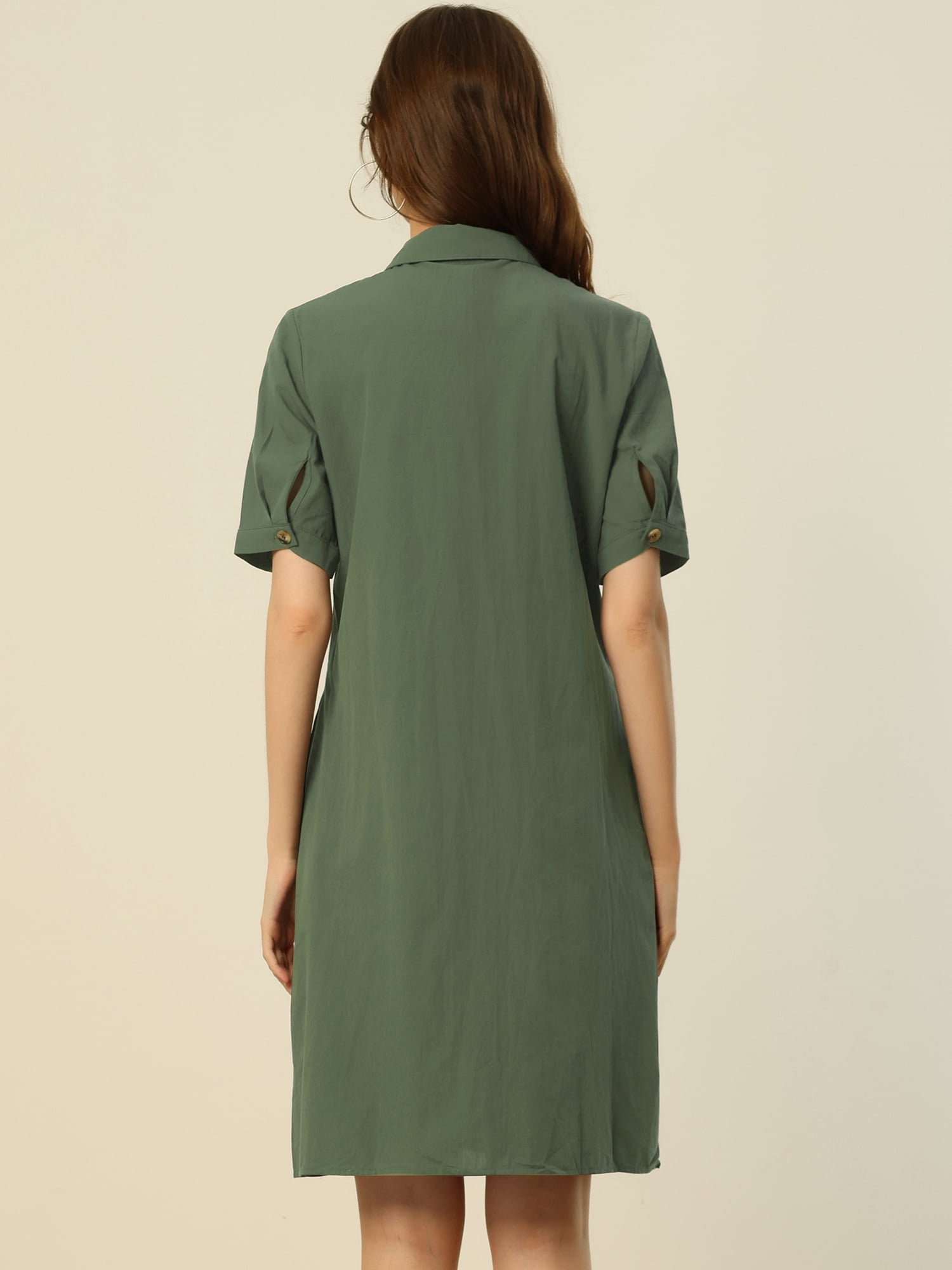 DARING DIVA Collared Short Sleeve Pocket Belt Button up Shirt Dress 3XL Army Green