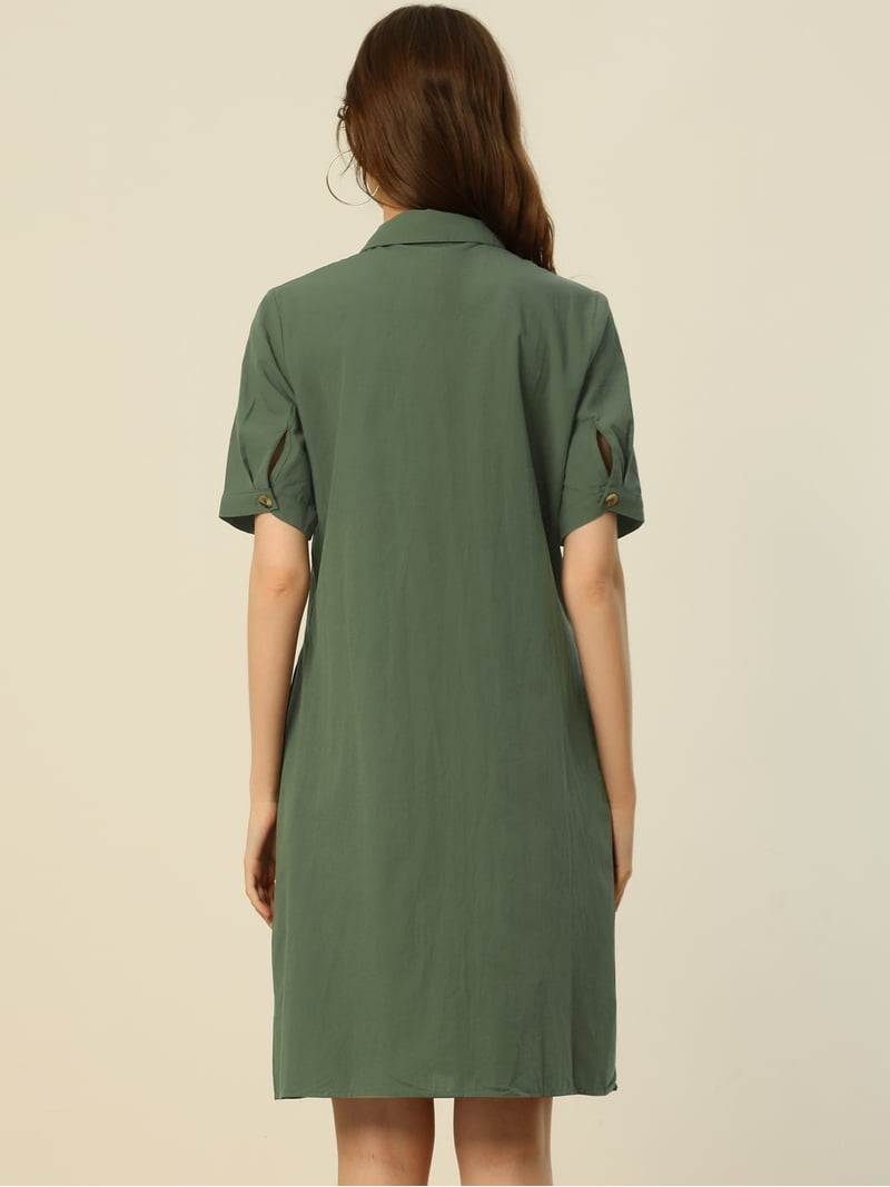 DARING DIVA Collared Short Sleeve Pocket Belt Button up Shirt Dress S Army  Green - Walmart.com