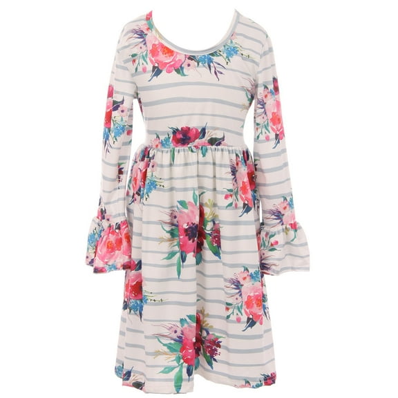 Little Girl Dress Kids Floral Stripe Cotton Easter Party Flower Girl Dress Off White 2T XS (501196)