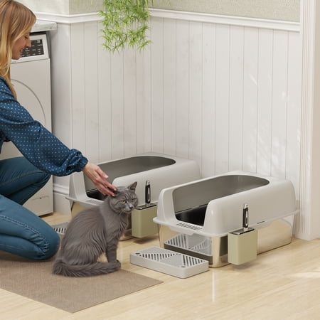 PawHut 2 Pack Stainless Steel Litter Box, Metal Litter Box with High Sided for Easy Clean & Anti-Urine Leakage, with Metal Scoop & Scoop Holder