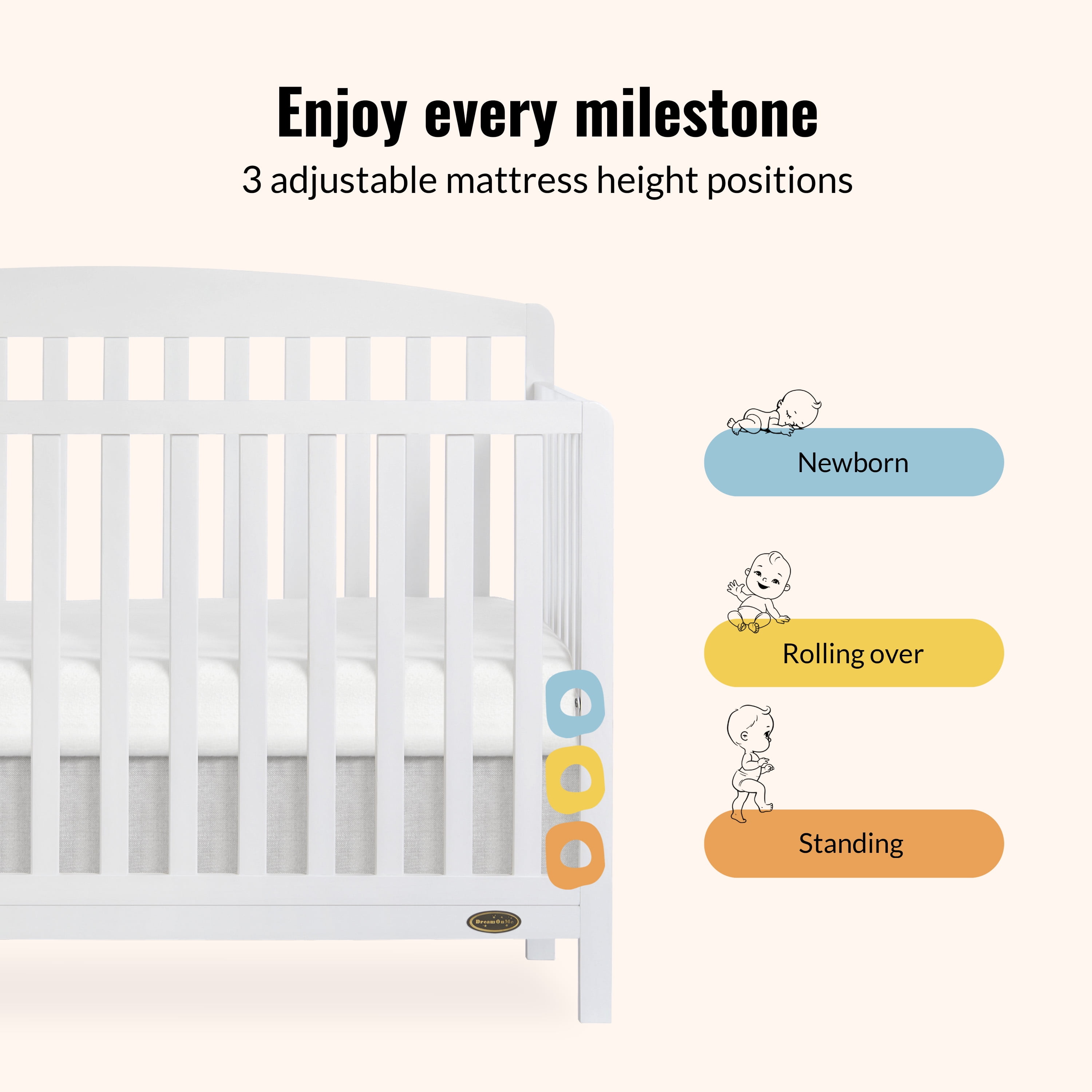 Dream On Me Odelle 5-in-1 Convertible Crib, Baby Crib to Toddler Bed and Full Size Bed, Three Adjustable Mattress Height Positions, White