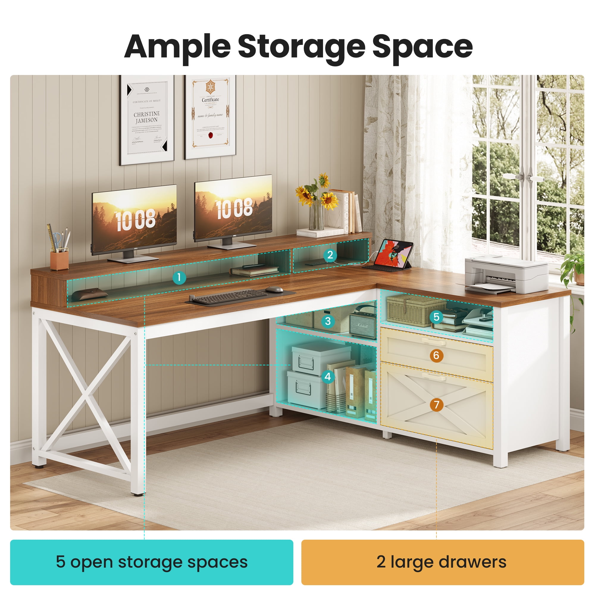 SEDETA L-Shaped Desk with Power Outlets & LED Lights for Home Office, Large Computer Desk with Monitor Stand & Storage Drawer & File Drawer, Farmhouse Corner Computer Desk with 5 Open Shelves, White