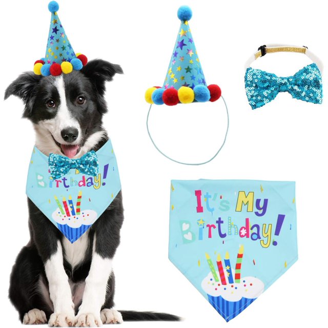 Pañuelo de cumpleaños para perro, bufanda y sombrero de fiesta de cumpleaños para perro, niña y niño, con bonito Collar de pajarita para perro, mascota pequeña y mediana