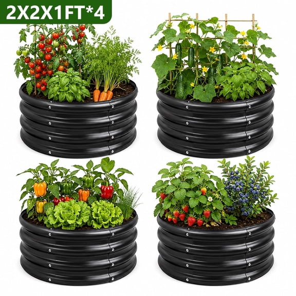 4pcs 2X2X1Ft Round Galvanized Raised Garden Bed, Lightweight Metal Planter Boxes Outdoor - Easy Assembly, Rust Resistant, Modern Style, Black & White