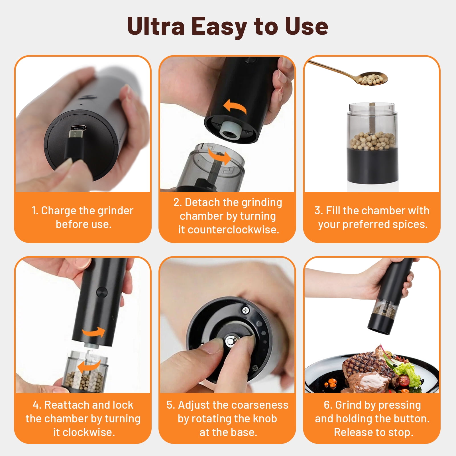 Adjustable Electric Spice Grinder Set (2-Pack) - Ceramic Core, Type-C Rechargeable, 5 Grind Settings for Home Cooking & Gifting