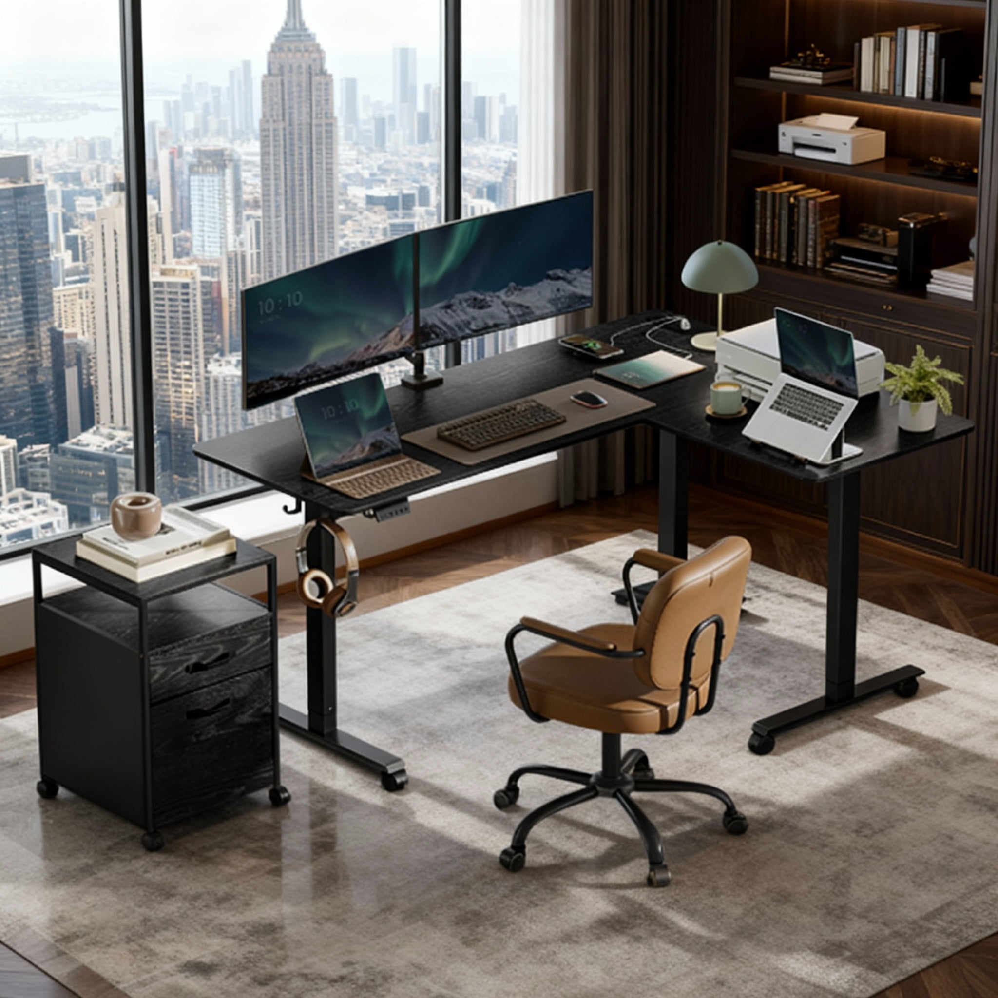 LEDREM L-Shaped Electric Standing Desk, 63 x 47.2 Inches Height Adjustable Corner Desk with Power Outlets, 2 Memory Buttons, Home Office Desk, Black