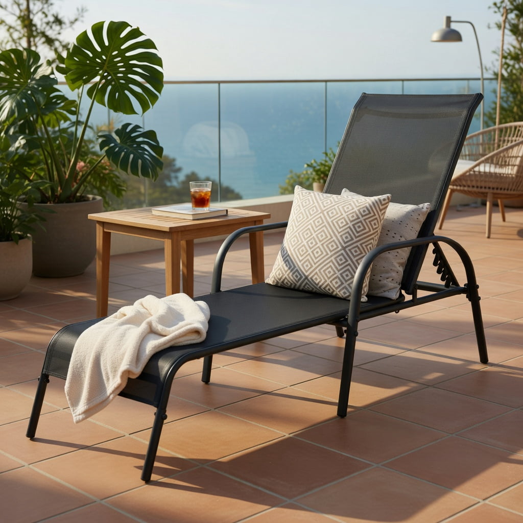 Hommoo Adjustable Folding Patio Chaise Lounge Chair, 5-Position Backrest, Sun-Resistant Fabric & Powder-Coated Steel Frame, Black