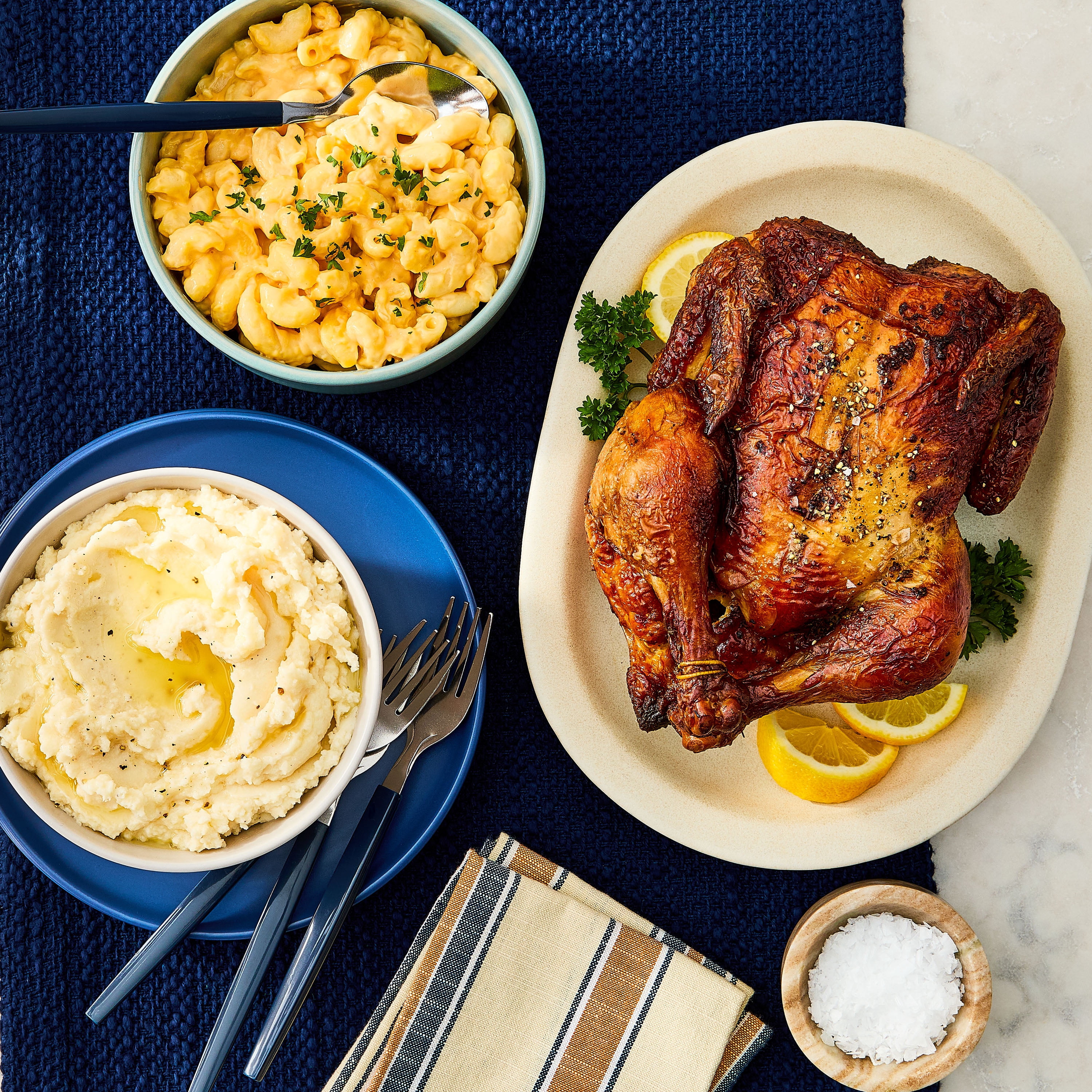 Freshness Guaranteed Hot & Ready-to-Eat Lemon Pepper Rotisserie Chicken Meal Bundle with Large Macaroni and Cheese and Large Mashed Potatoes